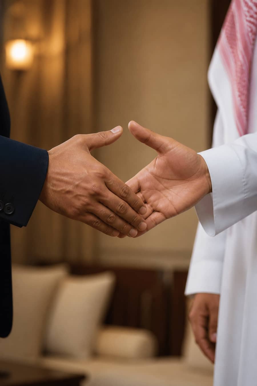 يدان على وشك المصافحة — ثوب أبيض وبدلة