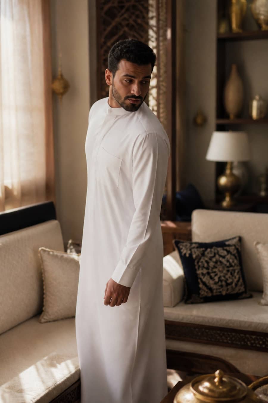 رجل بثوب أبيض يقف من المجلس ويلتفت نحو ظهره