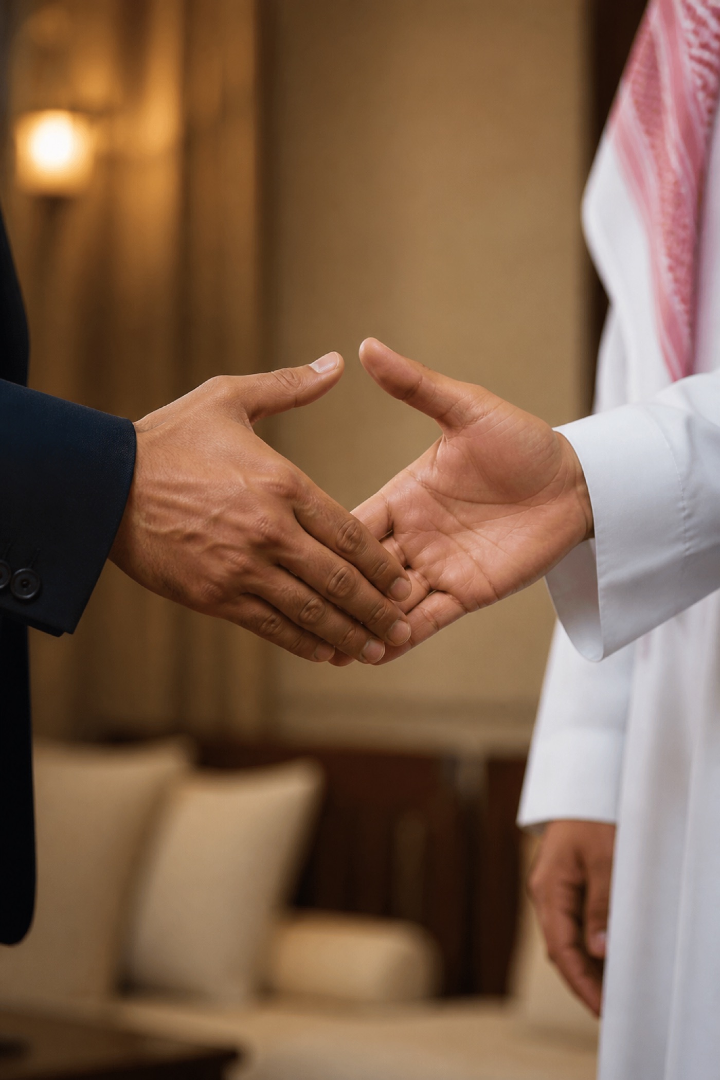 يدان على وشك المصافحة — ثوب أبيض وبدلة