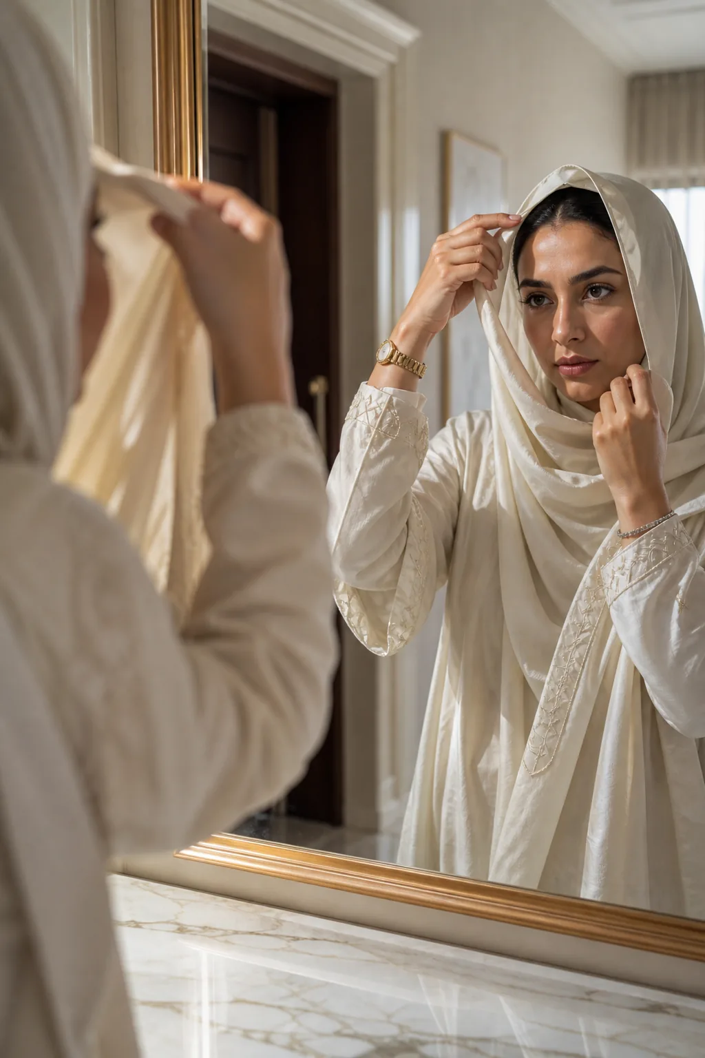 خط شعر لمّاع تحت طرف الطرحة أمام المرآة